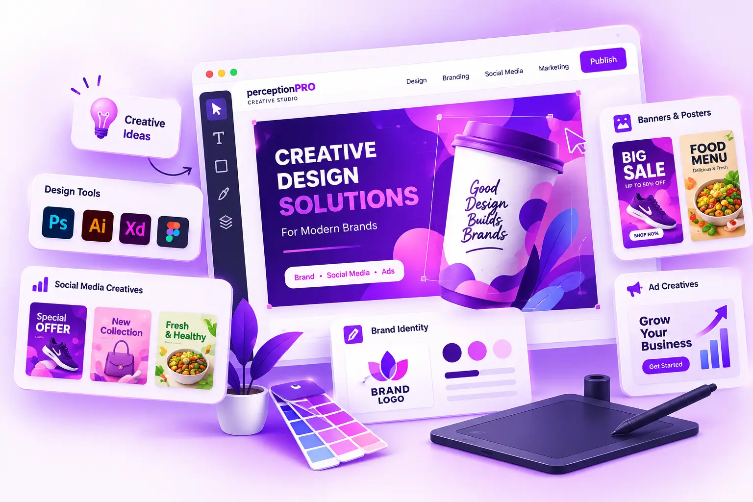 Graphic design services by perceptionPRO including social media creatives, brand identity, advertising banners and promotional designs